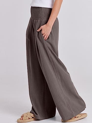 ANRABESS Women Linen Palazzo Pants Summer Boho Wide Leg High Waist Casual Lounge Pant 2025 Beach Travel Vacation Outfits Coffee X-Large - Image 7