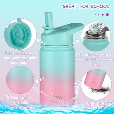 Mininoo Insulated School Water Bottle, 12 oz Stainless Steel Water Bottle with Straw Lid and Chug Lid for Girls, Boys (SKY/PINK) - Image 5