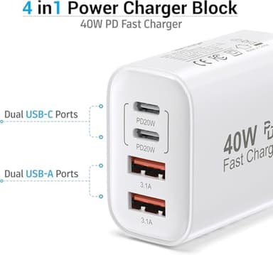 TT&C USB C Block 40W, 4 Ports Wall Plug Fast Charging Block, PD+QC Multiport Power Adapter USB C Charger Type C for iPhone 17, 17 Air, 17 Pro, 17 Pro Max, 16,15,14,13,12, Galaxy Phones (White 2Pack) - Image 3