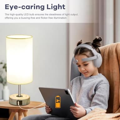 LuxeBeam 3-Way Dimmable Bedside Touch Lamp - USB-C and USB-A Ports, Faux Marble Base, White Shade with Silver Thread, Includes 8W LED Bulb for Bedroom, Living Room, Desk - Image 4