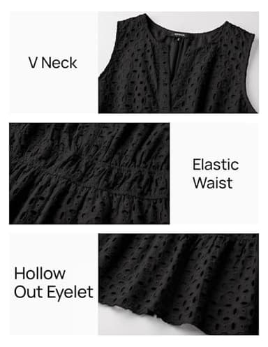 ZESICA Women's Summer Sleeveless Mini Dress V Neck Hollow Out Eyelet High Waist A Line Swing Short Party Dresses,Black,Medium - Image 6