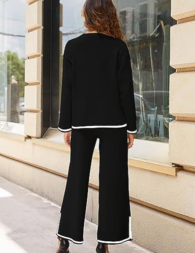 Tanming Women's 2 Piece Outfits Long Sleeve Knit Sweater Top Wide Leg Pants Lounge Sets Tracksuits (Black-M) - Image 6