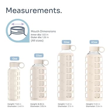 purifyou 40oz / 32oz / 22oz / 12oz Borosilicate Glass Water Bottle with Time & Volume Markers, Silicone Sleeve, Stainless Steel Lid | Reusable Glass Bottle for Water & Juice (32oz Pearled Ivory) - Image 2