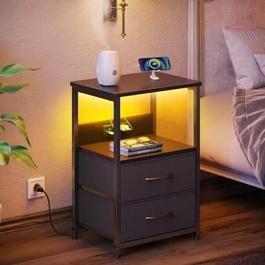 Seventable Nightstand with Charging Station, Bedside Table with LED Lights, Night Stand with 2 Fabric Drawers, 3-Tier Storage End Table for Bedroom, Black - Image 7