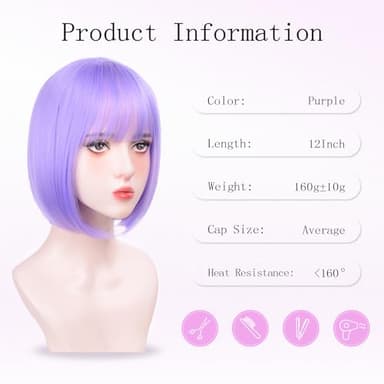 T-color Purple Bob Wigs for White Women - 12'' Short Bob Wigs With Bangs Natural Fashion Synthetic Wig Colorful Synthetic Hair for Daily Cosplay Halloween - Image 2