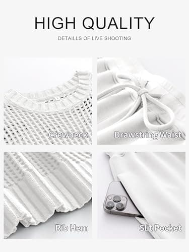 ANRABESS Women Two Piece Outfits Crochet Sheer Knit Sweater Top Wide Leg Pants Lounge Matching Sets Sweatsuit Travel Clothes White Large - Image 6