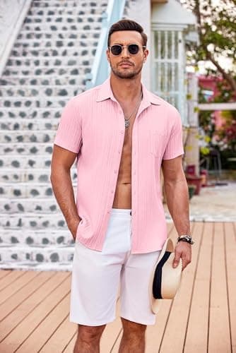 COOFANDY Men's Casual Button Down Shirts Short Sleeve Textured Summer Beach Shirt with Pocket - Image 4