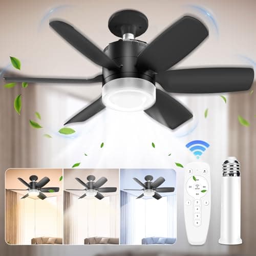 Socket Fan Light with Remote 19.7inch Socket Ceiling Fan with Light Dimmable LED Ceiling Fan,3 Colors 6500K,1500 Lumens Bulb for Garage, Bedroom, Kitchen, Living Room, and Closet Black - Image 1