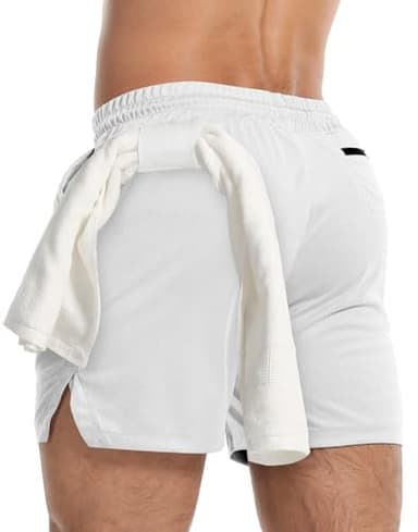 Aolesy Men's Gym Workout Shorts 5 Inch Lightweight Bodybuilding Athletic Shorts Running Training with Zipper Pockets & Towel Loop White - Image 2