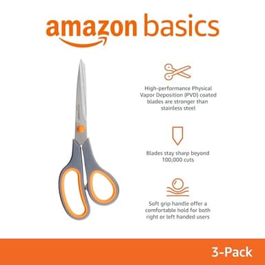 Amazon Basics Stainless Steel Scissors for Office, Crafts, Multipurpose, Sharp, Comfort Grip, PVD Coated, 3 Pack, Multicolor - Image 2