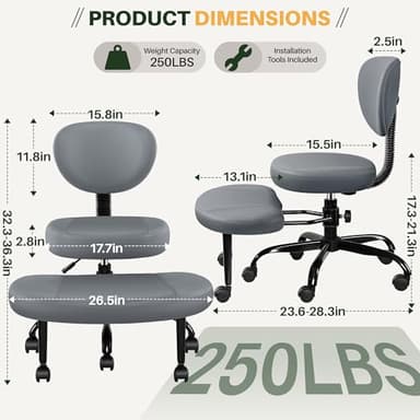 Primy Criss Cross Office Chair - ADHD Cross Legged Chair with Wheels - Adjustable Height Ergonomic Kneeling Desk Chairs for Meditation Yoga Home Office with Backrest, 360°Rotating Footrest -Dark Gray - Image 2