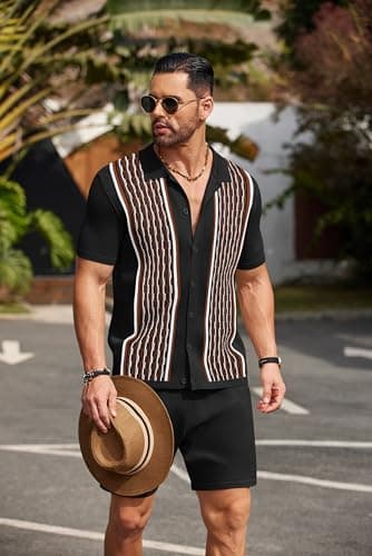 COOFANDY Men's 2 Pieces Short Set Short Sleeve Vintage Button Down Shirts and Summer Pants Casual Beach Outfits - Image 3