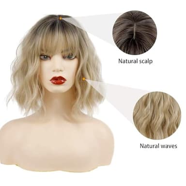 MISSQUEEN Ombre Short Blonde Wigs with Bangs Synthetic Wavy Blond Bob Wig Curly Heat Resistant Blonde Hair Wig for Women Daily Party Halloween Use - Image 3
