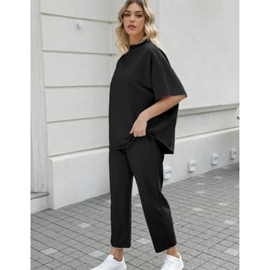 SeeLuNa Women's Two Piece Outfits 3/4 Batwing Sleeve Capelet Crew Neck Pullover Top Wide Leg Pants Lounge Set(Black,XL) - Image 4