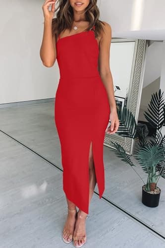 OWIN Women's Summer Dress 2025 Sexy Spaghetti Straps Sleeveless High Waist Split Midi Bodycon Cocktail Party Dress Red M - Image 5