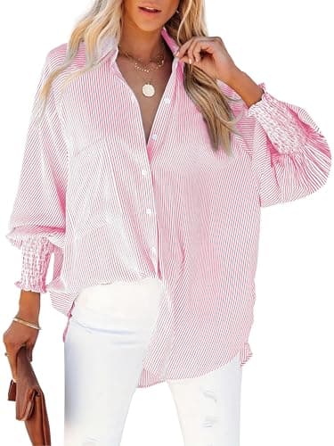 HOTEVE Striped Button Down Shirt Women Womens Tops Smocked Shirts Cuffed Boyfriend Pink Fashion Trendy Oversized Long Sleeve Pink 31 Size 3XL - Image 1