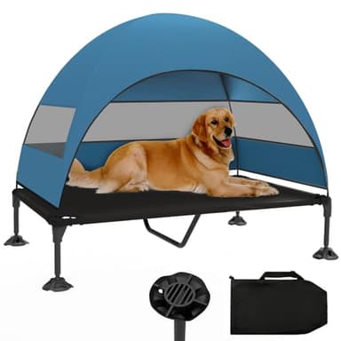 Elevated Dog Bed with Canopy, Raised Outdoor Dog Cot with Stable Anti-Slip Feet, Pet Bed with Removable Canopy Shade Tent, Dog Bed for Indoor Outdoor (Blue, 50.0" L x 32.0" W x 42.5" Th) - Image 1