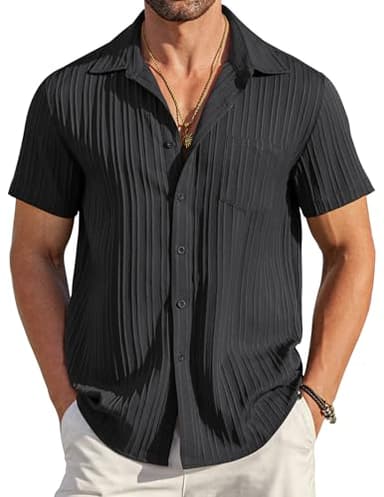 COOFANDY Men Short Sleeve Button Up Shirts Casual Linen Shirts for Men Summer Beach Shirt for Wedding Black - Image 1