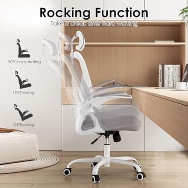 Farini Ergonomic Office Chair, Home Office Desk Chair with Headrest, High Back Computer Chair with Armrests and Adjustable Lumbar Support for Home Office Study Room, White & Gray - Image 5