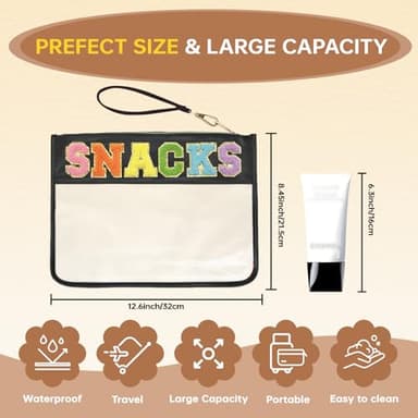 Burskit Snacks Bag Clear Chenille Varsity Letter Zipper Pouch Travel Makeup Bag Aesthetic Storage Organizer Pouches for Women with Glitter Patch Letters (Black-Snacks) - Image 2