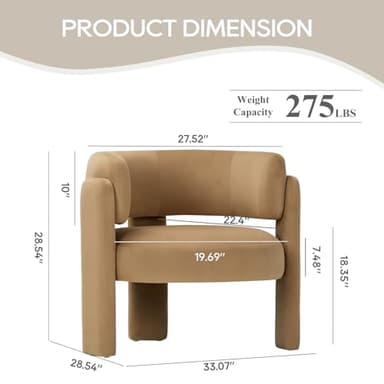 COLAMY Modern Velvet Accent Chair, Upholstered Barrel Chair, Comfy Side Arm Chair with 3 Legs for Living Room, Bedroom, Reading, Khaki - Image 2