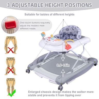 5 in 1 Foldable Baby Walker, Activity Baby Walker-Baby Bouncer, Rocker, Activity Center,Seat and Push Walker,Detachable Trampoline Mat, Adjustable Speed Rear Wheels and Height,Ages 6-18 Months(Grey) - Image 7