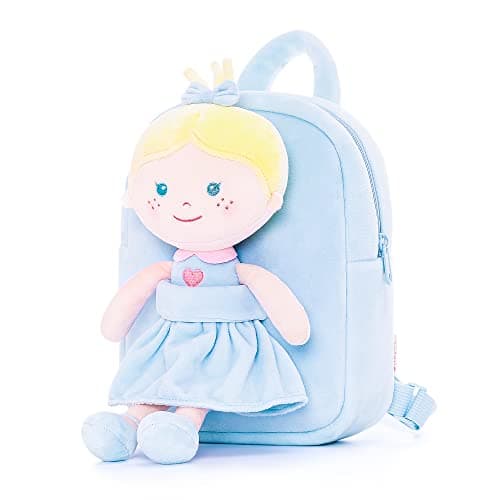 Onetoo Toddler Backpack Back to School Gifts for Girls Kids Backpacks with Soft Tanned Baby Dolls in Blue Heart Dress 9.5" - Image 1