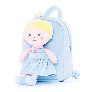 Onetoo Toddler Backpack Back to School Gifts for Girls Kids Backpacks with Soft Tanned Baby Dolls in Blue Heart Dress 9.5" - Image 1