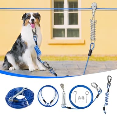 Dog Runner for Yard, Double Shock Absorption Trolley System for Large Dogs Up to 250LBS, Heavy Duty 200FT Tie Out Run Cable With 10FT Leads, Aerial Zipline for Outside, Camping - Image 1