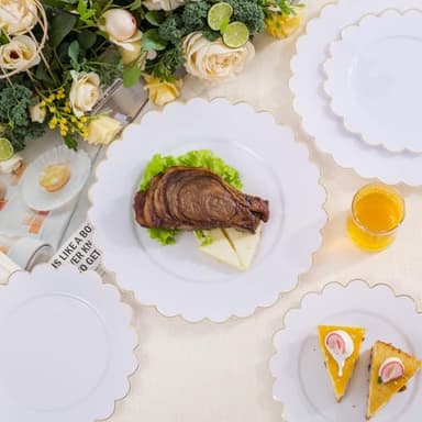LIYH 120 Pcs White Plastic Plates Wedding Plates Disposable Heavy Duty Scalloped Plastic Plate Includes: 60 Dinner 10.25" & 60 Dessert Plate 7.5" Elegant Gold Rim Suitable for Bridal Shower Party - Image 7