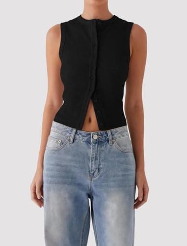 Matunana Womens Going Out Tops Summer Ribbed Tank Sexy Crop Cute Y2K Button Down Sleeveless T Shirts Casual Basic Tee Trendy Fashion Outfits Spring Clothes 2025 Black - Image 2