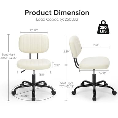 DUMOS Armless Home Office Desk Chair -Small Ergonomic with Low Back Lumbar Support, Height Adjustable PU Leather Computer Task with 360° Swivel Rolling Wheels, for Small Space, Beige White - Image 2