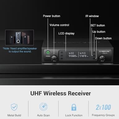 Phenyx Pro Wireless Microphone System, Dual Wireless Mics,w/ 2 Handhelds, Auto Scan,2x100 UHF Frequencies,328ft Range,Dynamic Microphone for Singing, Karaoke, Church(PTU-71-2H) - Image 3