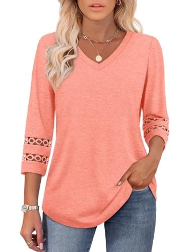 3/4 Length Sleeve Womens Tops and Blouses Lace Sleeve V Neck Tshirts Spring Outfits for Women 2025 Beach Vacation Clothes Coral L - Image 2