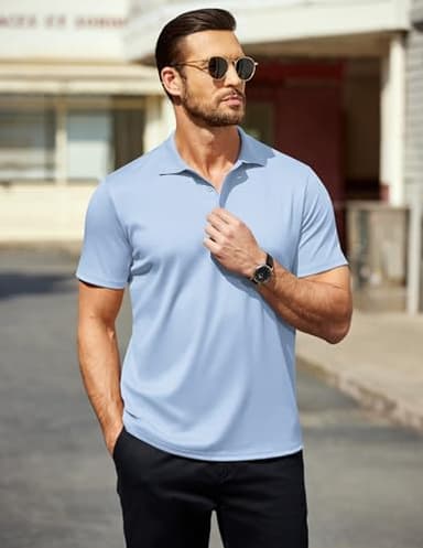 COOFANDY Mens Short Sleeve Polo Shirt Collared 100% Cotton Quick Drying Tactical Shirts Athletic Golf Shirts Light Blue - Image 4