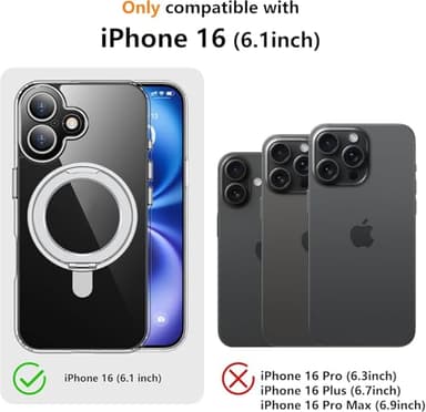 Temdan Magnetic for iPhone 16 Case,[with 360°Rotatable Invisible Magnetic O-Ring Stand][Military Grade Shockproof][Compatible with MagSafe] Slim Phone Case for iPhone 16 6.1" Clear - Image 6