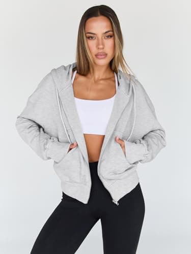 Trendy Queen Hoodies for Women Full Zip Up Cropped Sweatshirts Jackets Casual Comfy Gym Tops Fall Outfits Winter Clothes 2025 Cute Y2k Fleece Sweaters Teen Girls Pullover Grey XL - Image 2