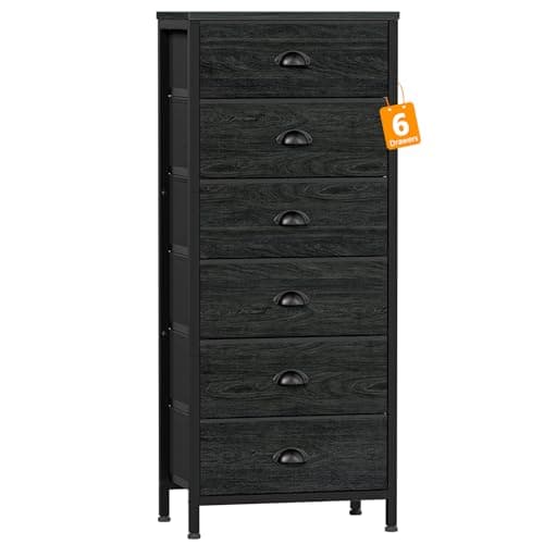 Furnulem Tall Dresser with 6 Drawers,Vertical Bedside End Table & Chest for Bedroom,Black Storage Tower Dorm Nightstand with Fabric Drawer Organizer Unit Furniture in Living Room,Closet,Hallyway - Image 1