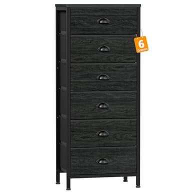 Furnulem Tall Dresser with 6 Drawers,Vertical Bedside End Table & Chest for Bedroom,Black Storage Tower Dorm Nightstand with Fabric Drawer Organizer Unit Furniture in Living Room,Closet,Hallyway - Image 1