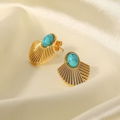 IUITY Gold Fan Shape Earrings Studs 14K Gold Plated Turquoise Studs Earrings Hypoallergenic Fashion Lightweight Jewelry for Women Mom Wife - Image 6