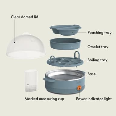 bella Electric Egg Cooker, 7 Eggs Capacity Tray, Single Stack, for Poached, Scrambled, Hard, Medium & Soft Boiled Eggs, Omelets and Steamed Dumplings, Auto Shutoff, 360 Watt, Surf - Image 3