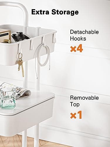 Pipishell 3 Tier Rolling Cart with Table Top, Utility Cart with Wheels & 4 Hooks, Rolling Storage Cart for Home Storage and Organization, White, PIUC09W - Image 7