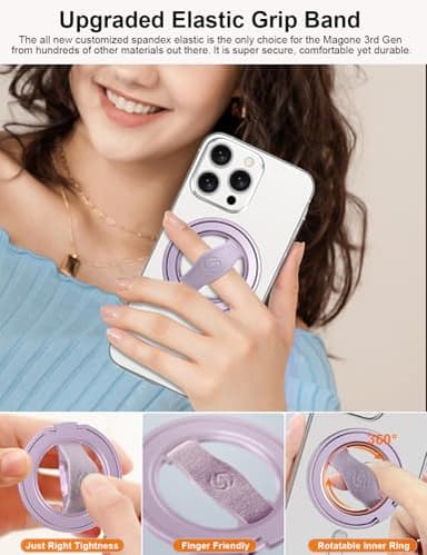 EWA MagOne 3rd Gen [Compatible with MagSafe] Phone Grip Stand with Finger Strap, Removable Magnetic Ring Holder Kickstand Loop for iPhone 16,15, 14, 13, 12 Series-(Purple) - Image 3
