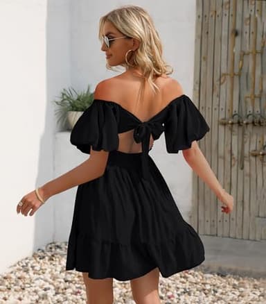 Phortric Womens Tie Back Summer Dress Square Neck Short Sleeve Off Shoulder A-Line Casual Mini Dresses(Black,X-Small) - Image 3