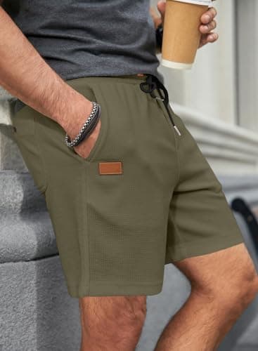 JMIERR Men's 7 Inch SweatShorts Casual Elastic Waist Waffle Jogger Workout Shorts Summer Beach Lounge Shorts with Pockets, M, Green - Image 7