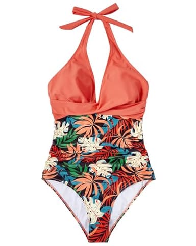 SUUKSESS Women Sexy Tummy Control One Piece Swimsuits Halter Push Up Monokini Bathing Suits (Coral Pink Leaf, S) - Image 4