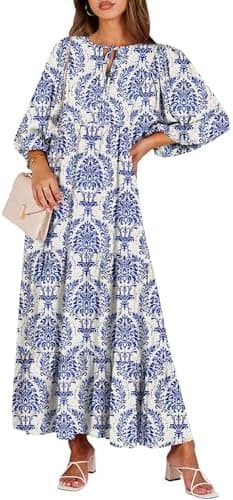 ANRABESS Womens Boho Maxi Dresses 2026 Summer V Neck Puff Sleeve Floral Flowy Swing Fall Casual Long Dress - Image 3