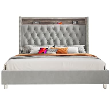 Jocisland Queen Size Bed Frame 53.6'' Tall Headboard LED Lights and Charging Station, Velvet High Upholstered Platform Bed Wingback Storage, No Box Spring Needed, No Motion Light Under Bed, Light Gray - Image 8
