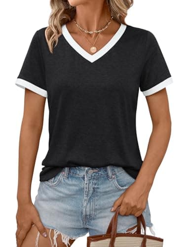 AUTOMET Womens Short Sleeve T-Shirts Summer Tops Casual Soft Tunic V Neck Basic Tees Workout Clothes Spring Fashion Outfits 2025 Black M - Image 1