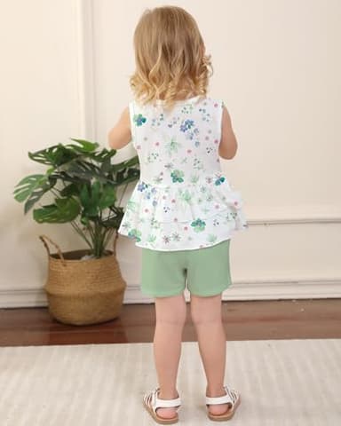 YUEMION Toddler Girl Clothes, 2Pcs Baby Girl Summer Outfits Sleeveless Bow Knot Tank Shirts Tops + Shorts Clothing Sets(Flowers+ Light green, 2-3T) - Image 4